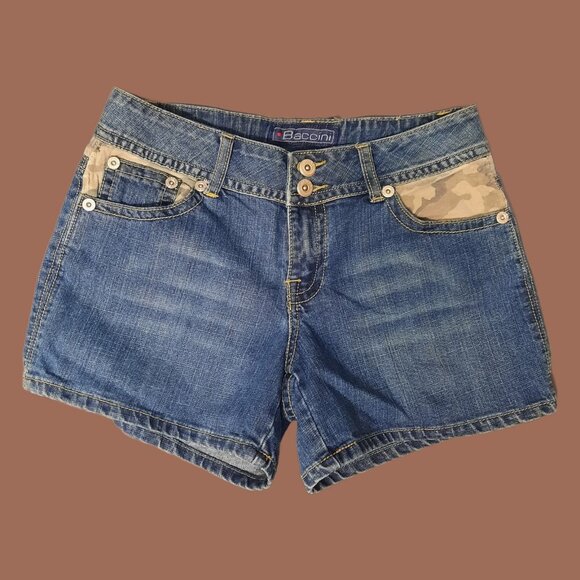 Y2K Low Rise Denim Shorts S Blue Green Camouflage Flap Pockets Jean Shorts 2000s - Picture 2 of 7